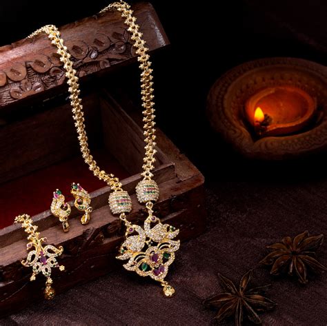 Gold Plated CZ Peacock Inspired Bridal Necklace set with Color Stones ...
