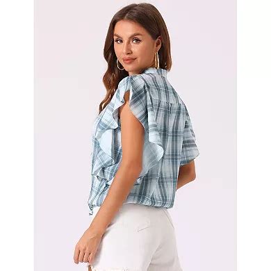 Women's Plaid Shirt Casual Ruffle Short Sleeve Drawstring Summer Top ...