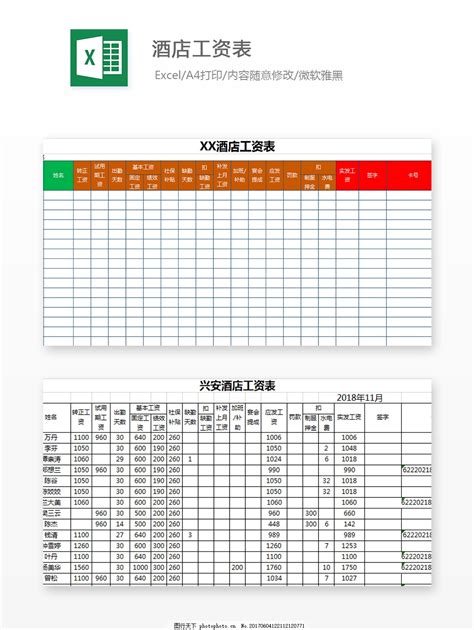 酒店工资表Excel模板图片_财务报表_EXCEL模板-图行天下素材网