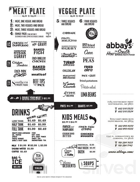 Menu for Abbays in Southaven, MS | Sirved