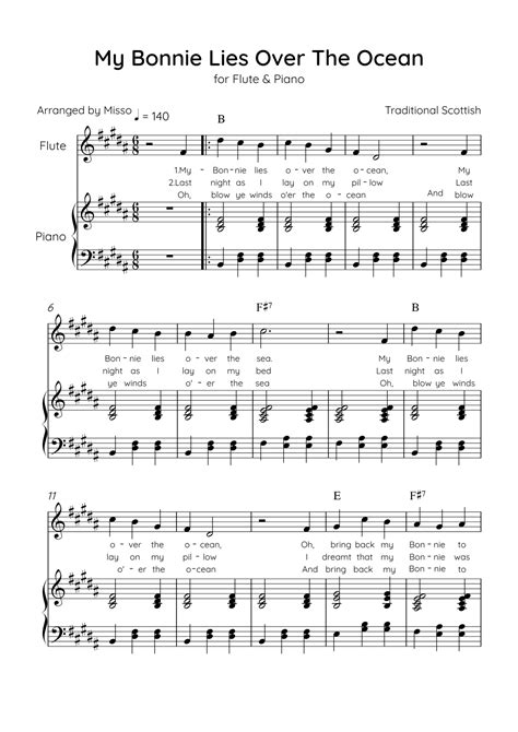 My Bonnie Lies Over The Ocean - Flute & Piano in B Major Easy With ...