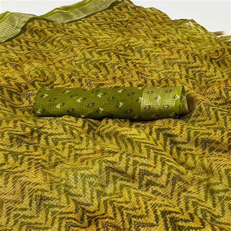 Green Zig Zag Printed Kota Doria Saree With Tassels