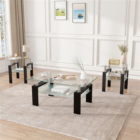 Amazon.com: FOUREA 3 Piece Living Room Table Set, Glass Coffee Table ...
