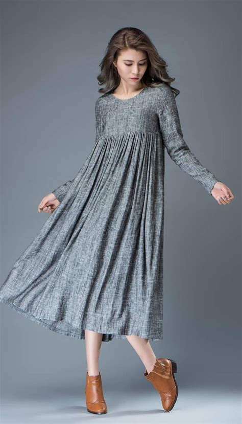Maxi Linen Dress Comfortable Linen Loose-fitting Long Sleeved Everyday ...