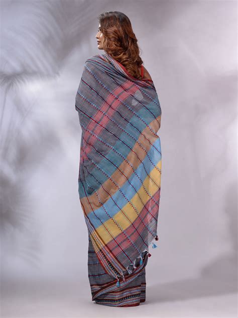 Grey Cotton Handspun Handwoven Saree With Stripes Designs – Charukriti