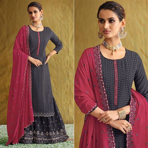 Grey Embroidered Chiffon Palazzo Suit