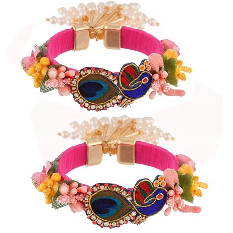 Buy ascension Flowers Peacock Bracelet Kundan Kada Gota Pati Zardosi ...