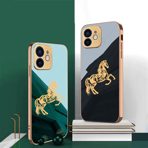 Luxury Horse Pattern Glass Back Case With Golden Edges For iPhone 11 ...