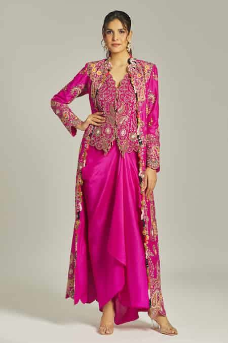 Buy Fuchsia Silk Sequins Mandarin Collar, Paisley Embroidered Long Coat ...