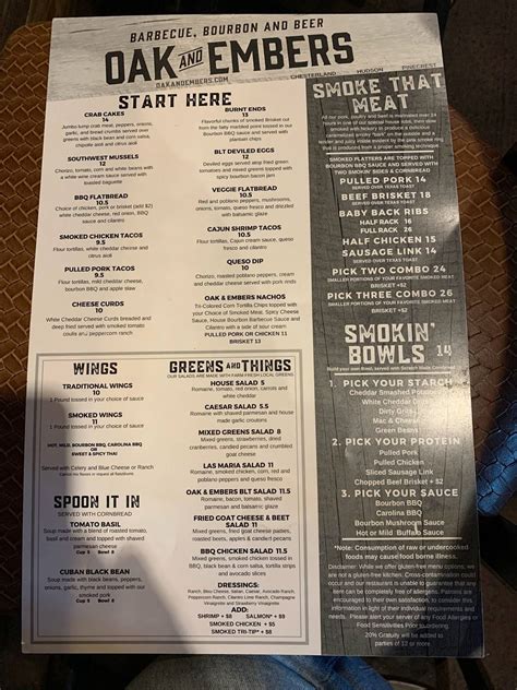 Menu at Oak and Embers Tavern Hudson pub & bar, Hudson