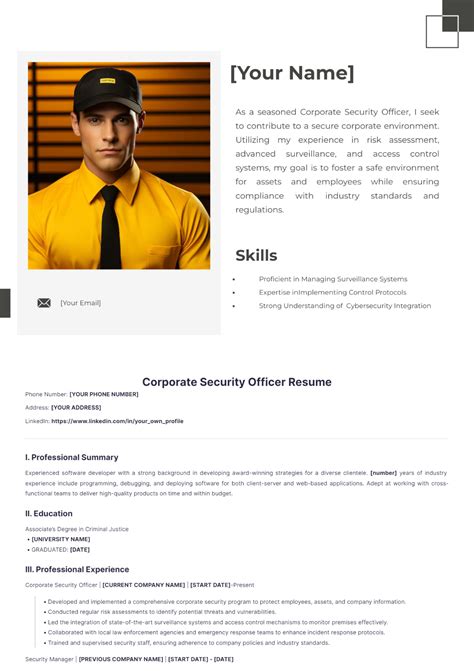 Free Corporate Security Officer Resume Template to Edit Online