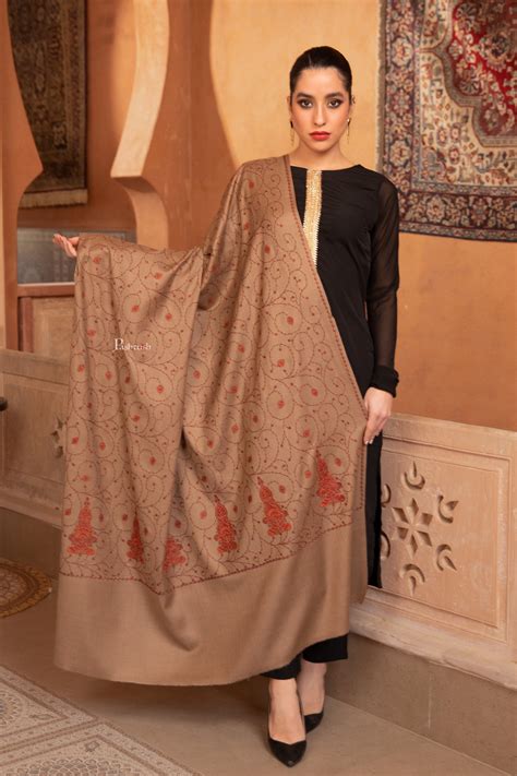 Pashtush Womens Fine Wool Shawl, Heavy Jaal Embroidery Design, Taupe ...