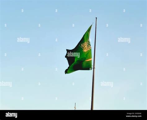 The national flag of Saudi Arabia kingdom, a green background with Arabic inscription and a ...