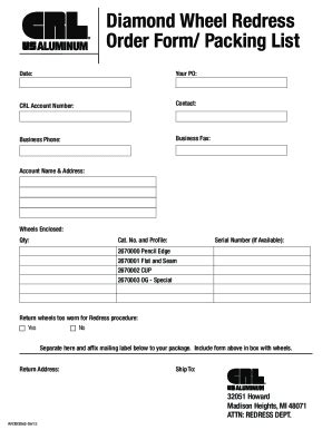 Fillable Online Diamond Wheel Redress Order Form/ Packing List Fax ...