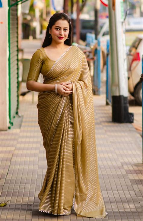 Buy Olive Chiffon Saree With Silver Zari Weaving Line Allover Saree ...