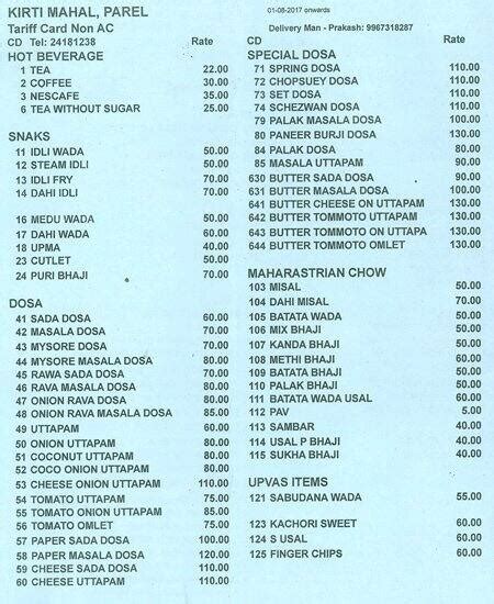 Menu at Kirti Mahal Legacy, Mumbai