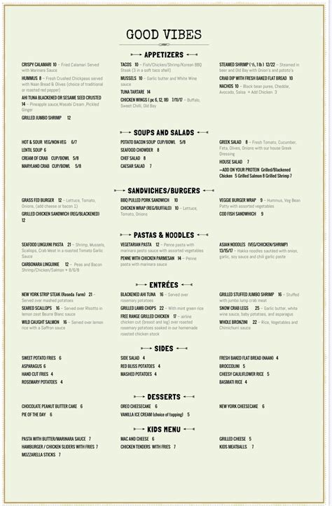 Menu at Good Vibes Restaurant Bar, Baltimore