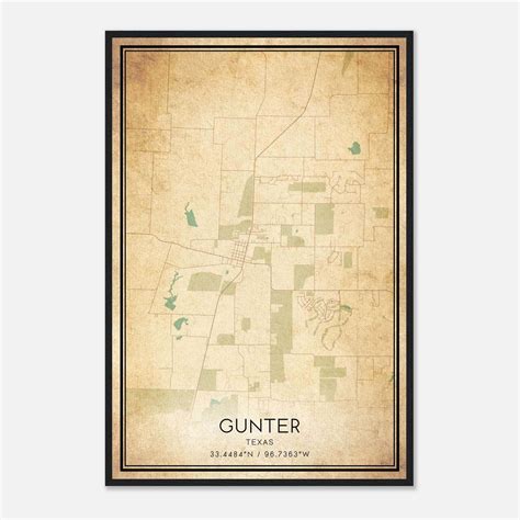 Vintage Gunter Texas Map Poster, Gunter TX City Road Wall Art Print ...