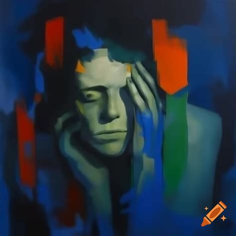 Abstract expressionist painting of a man smoking with green, black, and ...