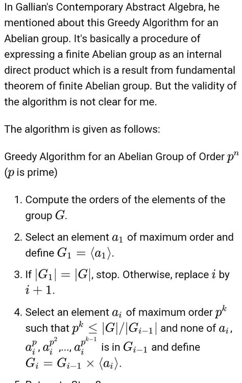 Explain Greedy algotithm for an abelian group of order P^n - Brainly.in