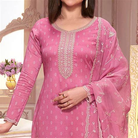 Pink Floral Sequins Embroidered Silk Georgette Semi Stitched Salwar Su