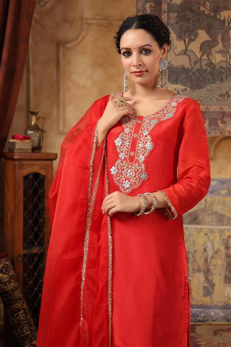 Shop Red Shimmer Organza Embroidered Suit Set- Elegant Ethnic Wear ...