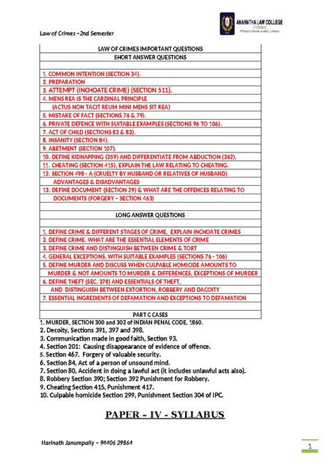 Sem 2 LAW OF CRIMES Notes: Concepts, Elements & Stages of Crime - Studocu