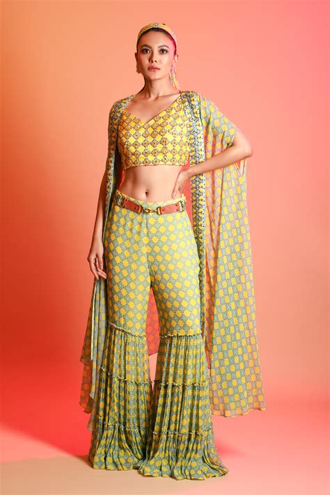 Yellow- Sky Blue Crystal Printed V Neck Embroidered Blouse With Butta