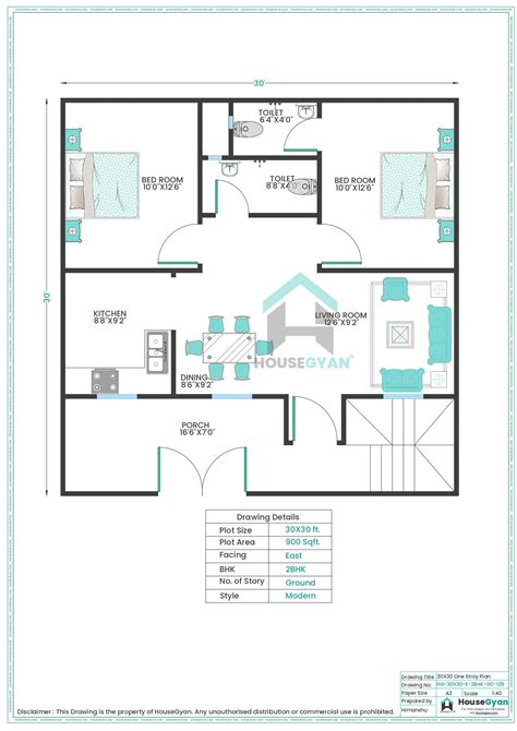 30X30 East Facing 2BHK Ground Floor House Plan | 900 Sqft Plot Floor Plan