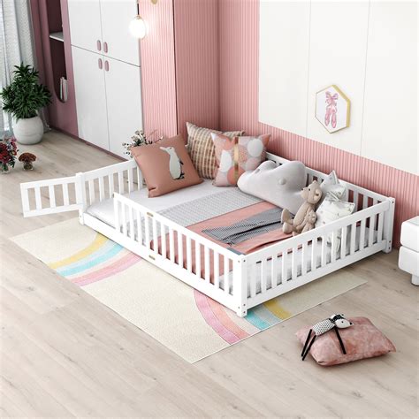 Bellemave Kids Montessori Floor Bed Frame, Queen Size, with Fence ...