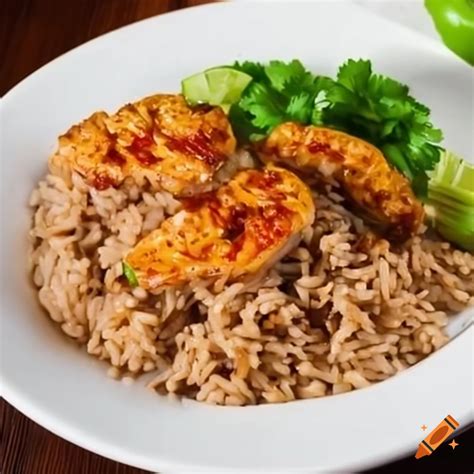 Brown rice with chili and pork served with celery on Craiyon
