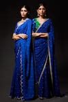 Buy Blue Silk Sequins, Zari V-neck Embroidered Saree With Blouse For ...