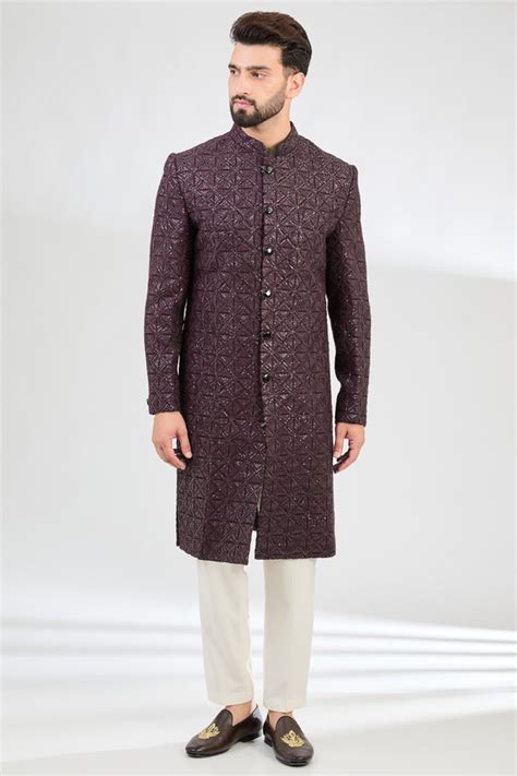 Wine chikankari sherwani with detailed sequin embroidery.