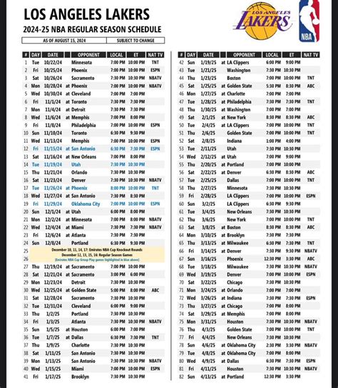 Official 2024-2025 Los Angeles Lakers Regular Season Schedule