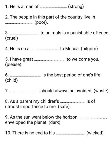 fill in the blanks with suitable abstract noun the adjective .the ...