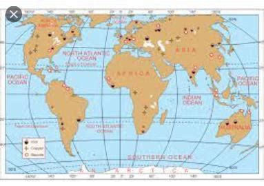 On the outline map of world locate and label distribution of iron ...