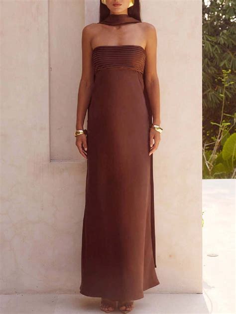 Women Strapless Maxi Satin Dress With Neck Scarf Sexy Bodycon ...