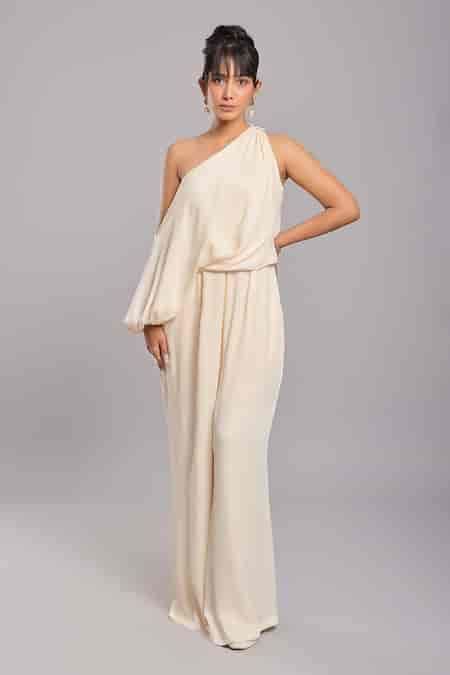 Buy Off White Dull Crepe Plain Asymmetric One Shoulder Jumpsuit For ...