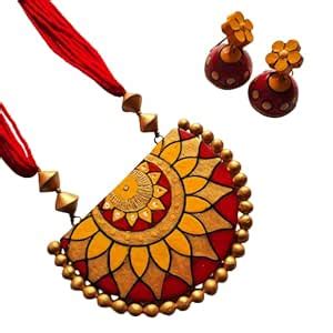 Buy Avighna Unisex-Adult Half Moon Style Terracotta Jewellery Set (Red ...