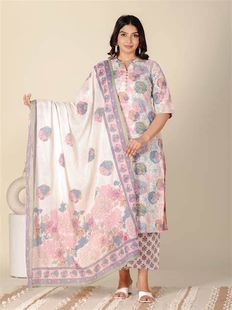Buy White Floral Flared Soft Cotton Kurta Set TP3056T | Aramya