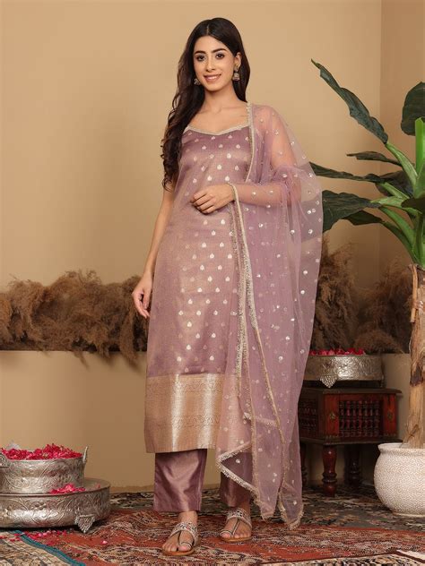 Varanga Women Mauve Brocade Zari And Sequins Lace Embellished Kurta ...