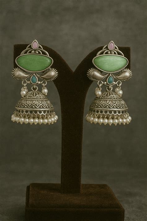 Antique Silver Replica Jhumkas – MuktaMani