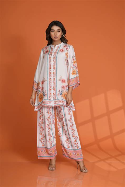 White Multicolor Floral Placement Print Co-Ord Set with Beads & Sequin ...