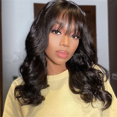 Remy Human Hair Wig Body Wave With Bangs Natural Black Capless ...