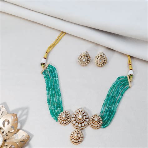 Emerald Green Beaded and Kundan Choker Set – Yasa Jewellers