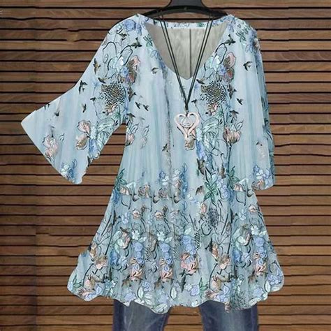 Xysaqa Women's Chiffon 3/4 Sleeve Shirts Vintage Boho Floral Print ...