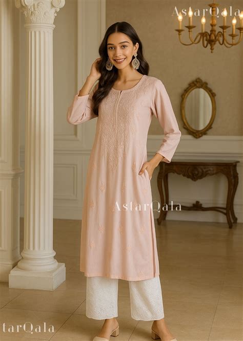 Bahaa Modal Long Chikankari Kurta For Women - Peach – AstarQala