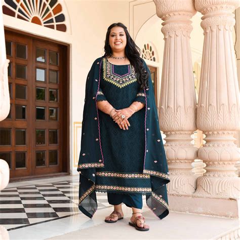 Buy Empress Blue Schiffli Embroidered Cotton Suit Set | Meera Plus Size