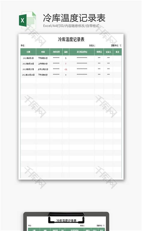冷库温度记录表Excel模板_千库网(excelID：180073)