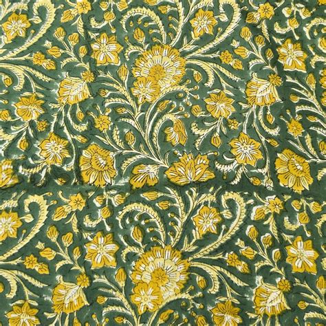 Pure Cotton Jaipuri Green With Mustard Floral Jaal Hand Block Print Fa ...